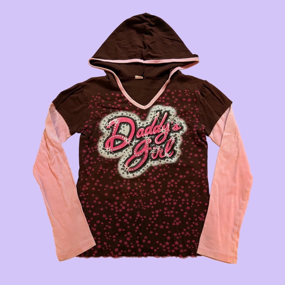Vintage Y2K Daddys Girl Graphic Hoodie Brown Pink Layered Top #17